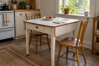 A white enamel-style kitchen table with a red rim and a drawer, surrounded by wooden chairs.