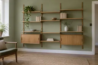 A wooden wall shelving arrangement with hanging shelves, two low cabinets and exposed floor beneath.