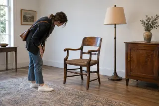 An adult examining a wooden armchair in a small auction viewing room.