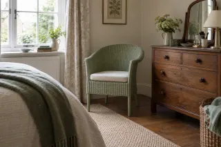 Rounded sage-green woven chair with a pale loose cushion beside a wooden bedroom chest.