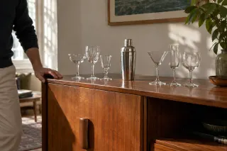 Clear stemmed glasses and a metal shaker arranged on an older wooden cabinet.
