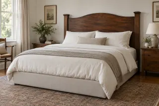 An older walnut headboard paired with a modern upholstered bed base and pale linen bedding.