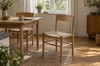 Two simple wooden dining chairs with open backs and woven seats stand beside a rectangular table.