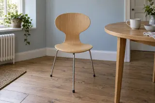 A wooden chair with a narrow-waisted shell and three metal legs stands beside a round dining table.