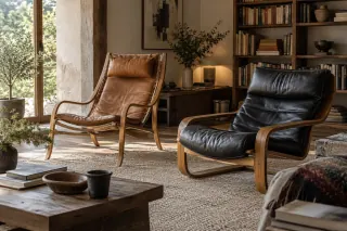 Two bentwood sling-style lounge chairs with tan and black cushions stand in a reading room.