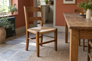 A ladder-back wooden chair with a pale woven seat beside an everyday kitchen table.