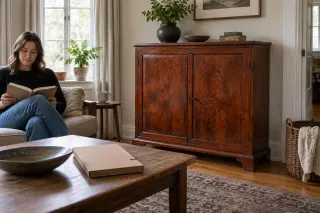 Figured wooden cabinet with a closed document folder on a nearby table.