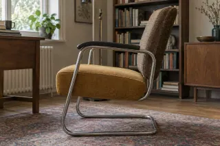 An upholstered cantilever chair with contrasting seat and back beside a small table.
