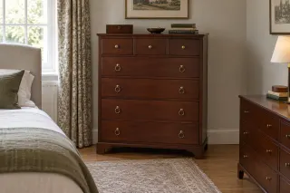 A dark seven-drawer chest with three small top drawers above four wide drawers, beside a bed and a lower chest.