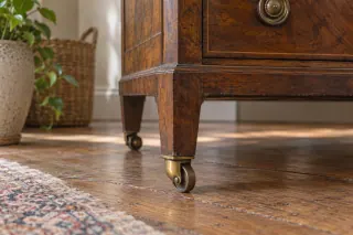 A small brass castor beneath the lower corner of an older wooden chest.