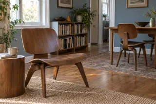 Low moulded-plywood seating in the foreground and a taller dining chair beside a table in a blue-grey room.
