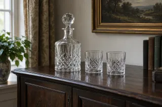Empty cut-glass decanter and two glasses standing on a wooden cabinet.