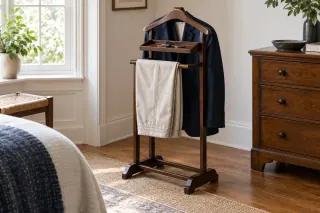 A wooden valet stand holds a jacket and folded trousers separately, with keys in its small tray.