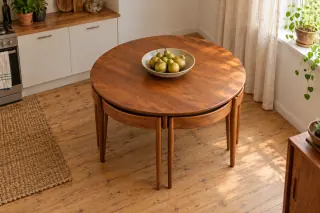 A compact round wooden dining table stands in a kitchen with low curved chair backs tucked against its edge.
