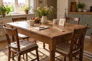 A well-used wooden kitchen table with a notebook, cups and a loose straightedge resting on top.