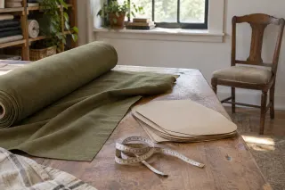 Plain upholstery fabric and paper seat templates on a worktable.