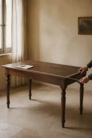 A tape measure stretched across the length of a vintage dining table.
