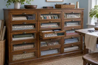 An old-style wooden shop cabinet has broad glass-fronted drawers holding fabric and thread cards.
