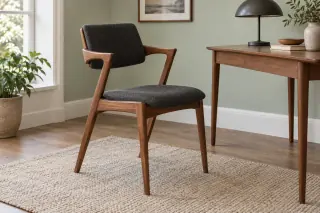 A timber chair with short arms, an upholstered back and charcoal seat stands beside a narrow desk.