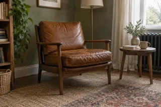 A brown leather-cushioned wooden armchair beside a small table in a reading corner.