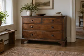 An old wooden chest with varied brown tones in a quiet hallway.
