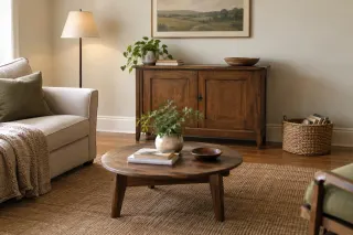 Low wooden storage, a sofa and a book basket in a family sitting room.