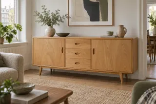A low blonde timber sideboard with two doors flanking three central drawers.
