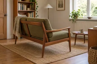 The exposed wooden back and loose cushions of a small Danish-style sofa seen from behind.