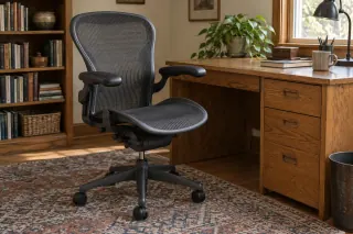 A dark mesh office chair stands beside an older wooden desk in a domestic study.