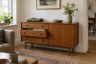 A compact wood-effect sideboard with drawers and a cupboard in a small living room.