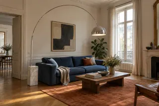 A broad arched floor lamp places a metal shade above a coffee table, with its marble base beside a blue sofa.