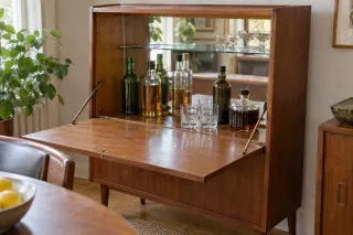 A wooden cocktail cabinet with an open supported flap, bottles and a glass shelf.