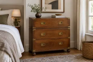A brass-bound wooden chest with recessed handles and a horizontal case division stands beside a bed.