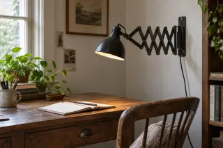 An extended scissor-arm wall lamp illuminating a notebook on a wooden desk.