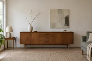 A warm brown sideboard against a pale wall, with a small wooden table and grey chair beside it.