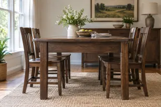 A dark wooden dining table with a deep apron stands with wooden chairs in a dining room.