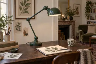A green articulated metal task lamp stands on a wooden desk among botanical drawings.