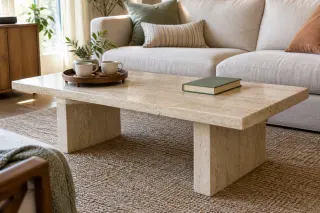 A pale stone coffee table carries cups on coasters within a small tray.