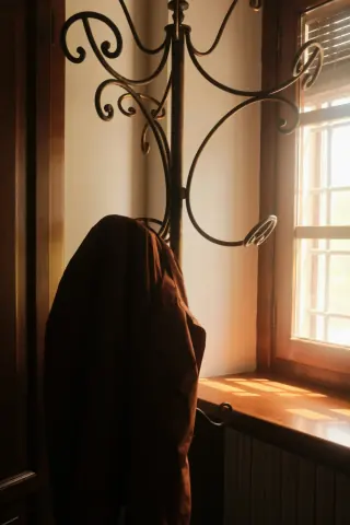 Curved metal coat-stand hooks carrying a dark jacket beside a window.