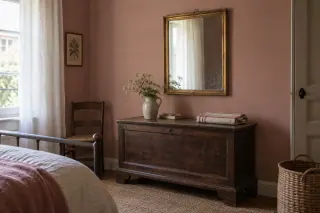 A rectangular gold-framed mirror above a dark wooden chest reflects a softly lit curtain.