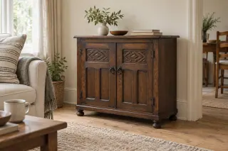 A dark oak-style cupboard with modest carved panels and ring pulls in a light contemporary room.