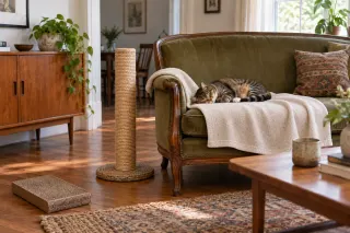 Tabby cat resting on a throw on a wooden-framed sofa, with a tall scratching post and a horizontal scratching pad nearby.