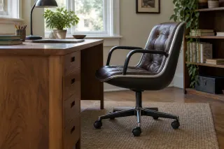 A rounded upholstered swivel chair beside a compact wooden desk.