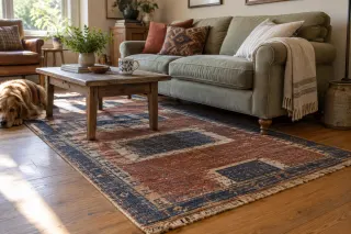 Muted geometric rug connecting the front of a sofa and the surrounding sitting area.