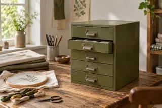 An olive-green steel cabinet with shallow drawers stands beside small craft supplies in a home workspace.