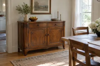 A wooden cabinet with rounded corners and restrained carved ornament in a dining room.