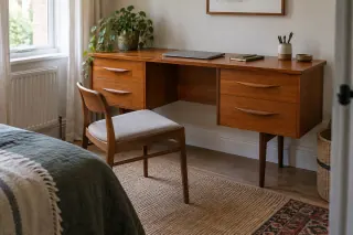 A shallow timber dressing table arranged with a compact laptop and chair.