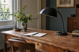 A dark curved metal desk lamp on an old wooden desk beside an open notebook.