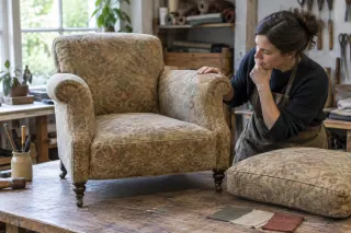 An upholsterer considering an older upholstered armchair and a loose cushion in a workshop.