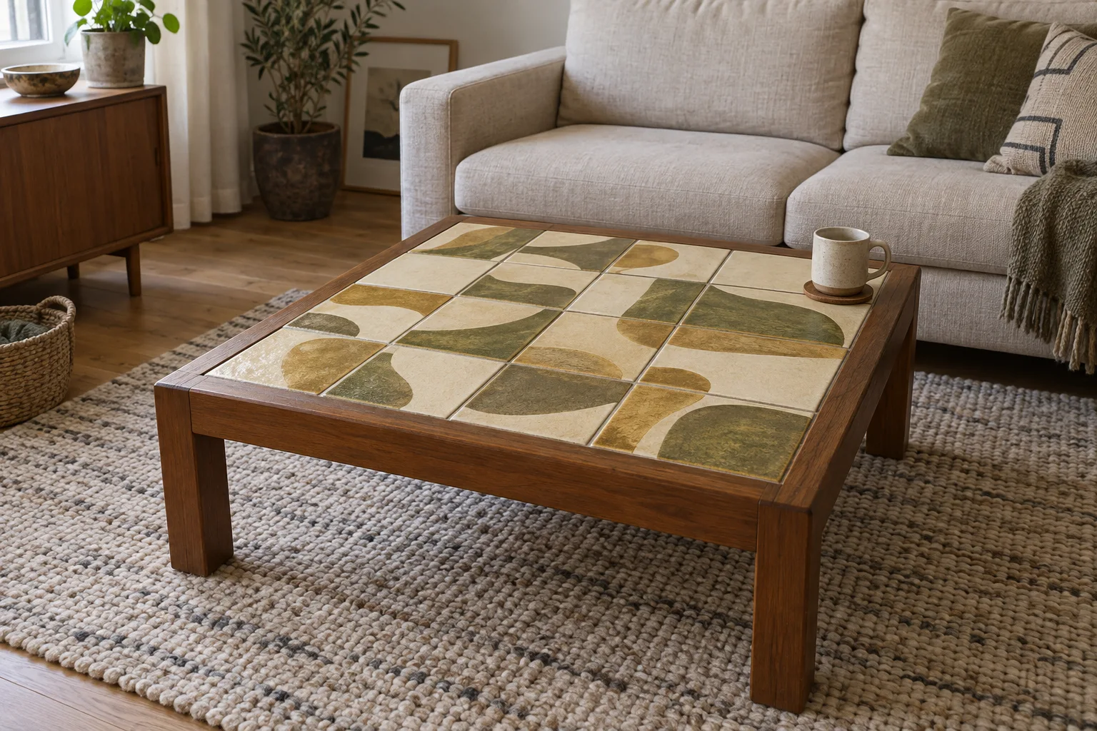 A square wooden coffee table with sixteen patterned ceramic tiles in front of an oatmeal-coloured sofa.